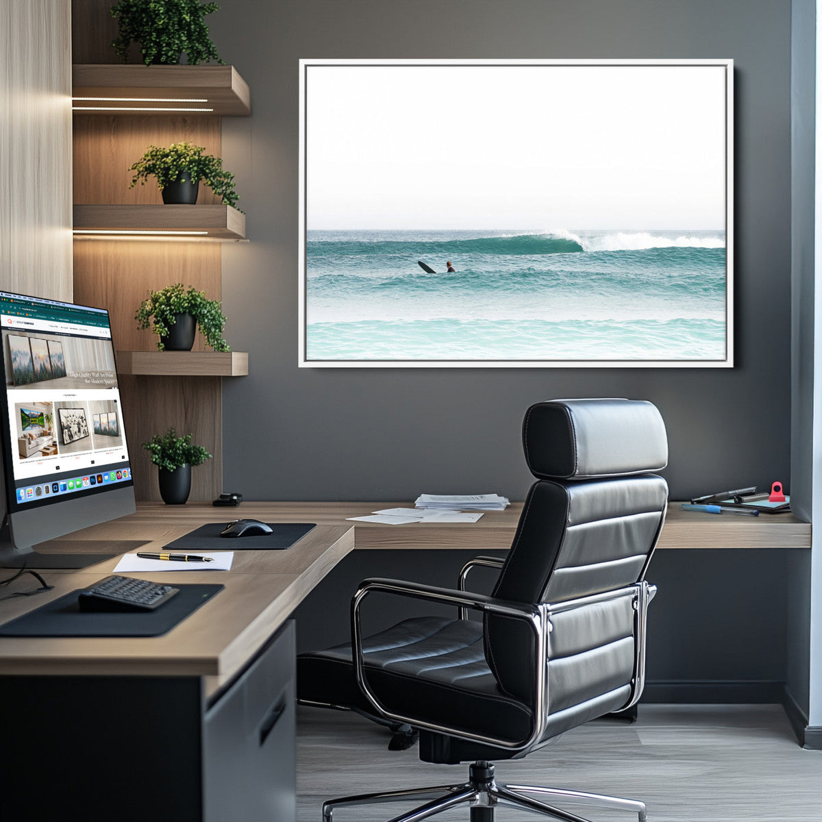 Surfing Wall Art Canvas Print, Framed Minimalist Ocean Waves Beach Art