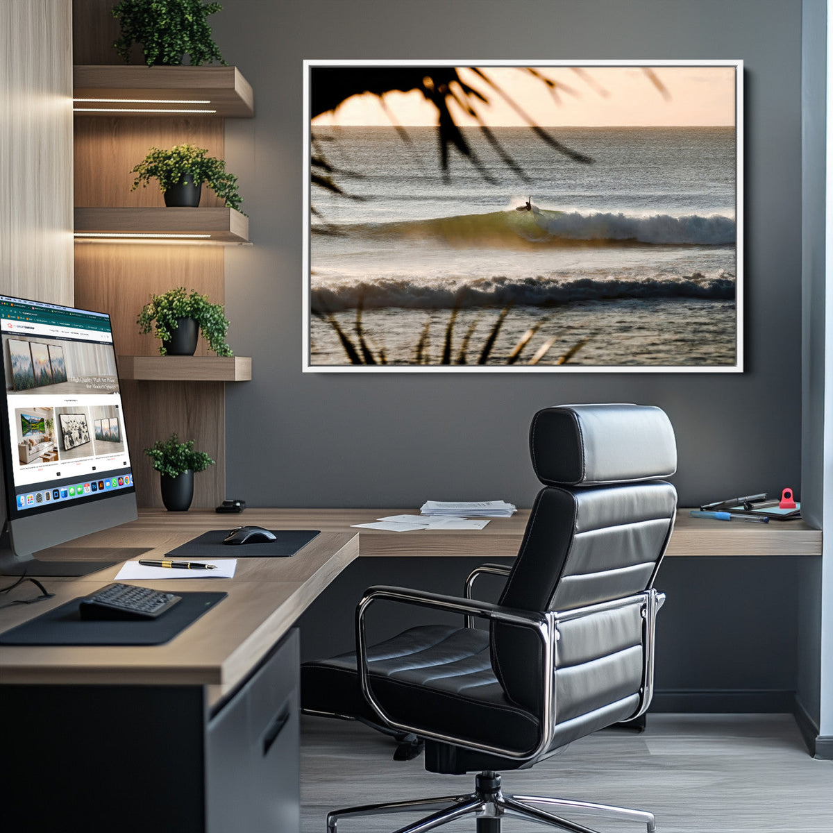 Sunset Surf Wall Art Canvas Print, Framed Golden Hour Waves Boho Beach Art