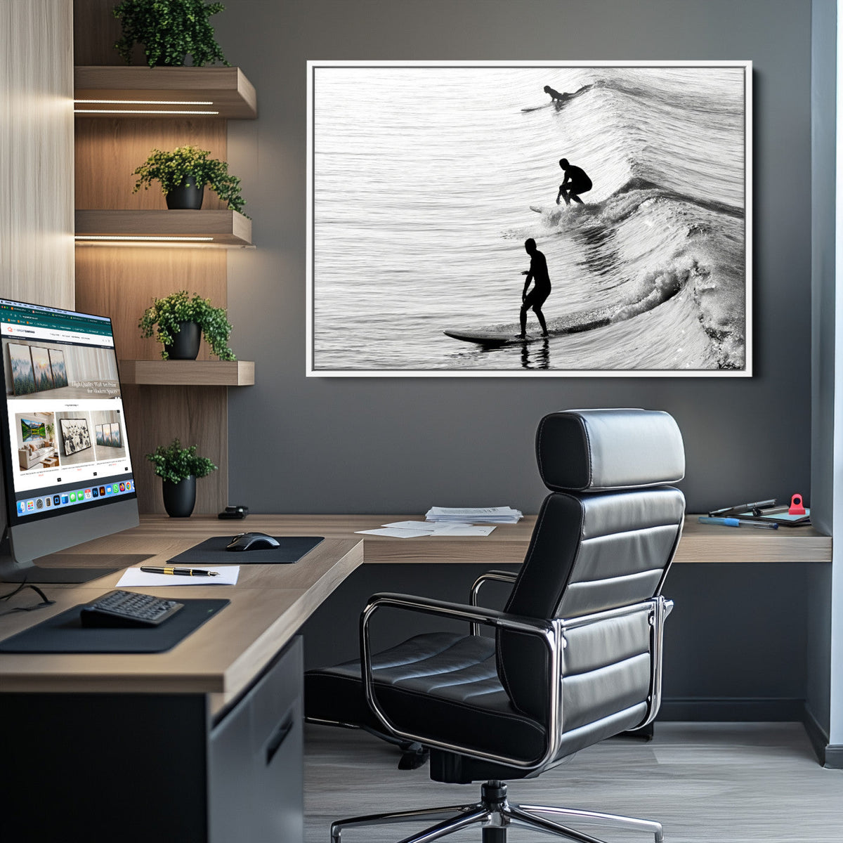Surfers on Waves Wall Art Canvas Print | Framed Black and White Surf
