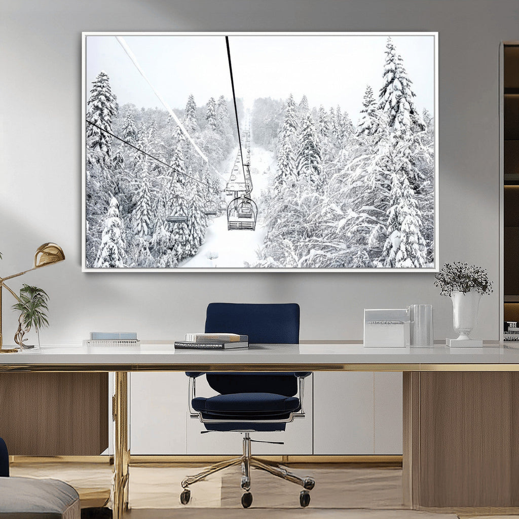 Snowy Ski Lift Wall Art | Framed Winter Mountain Canvas