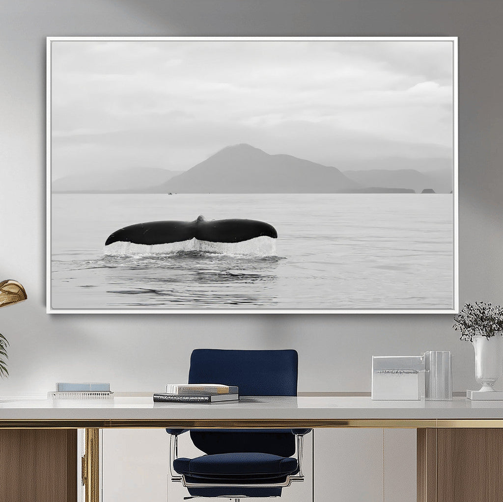 Whale Tail Wall Art | Framed Black White Ocean Canvas