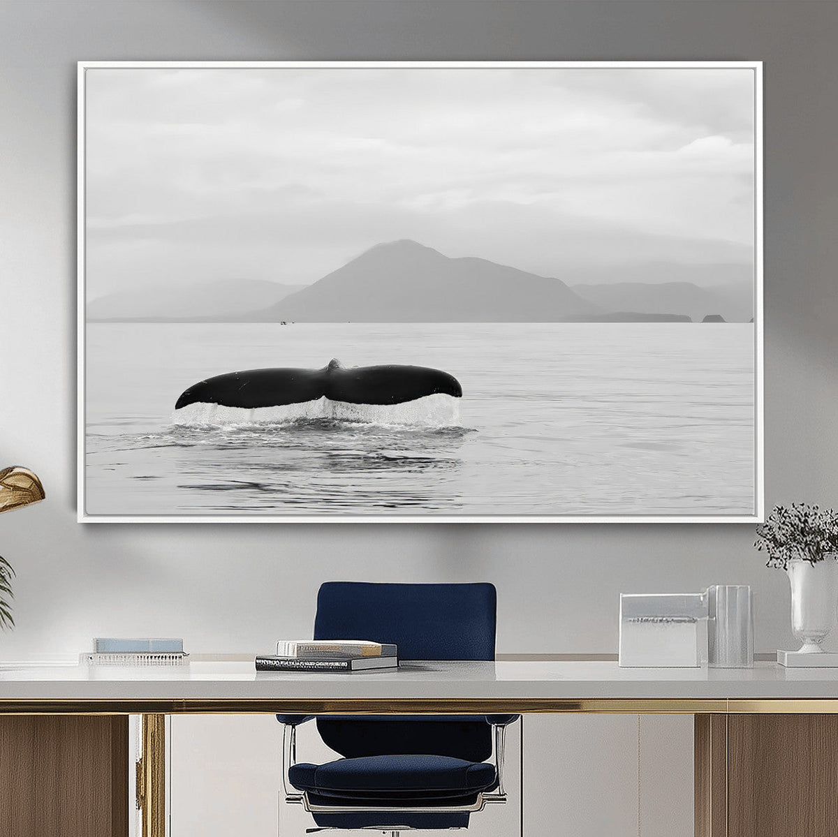 Whale Tail Wall Art | Framed Black White Ocean Canvas