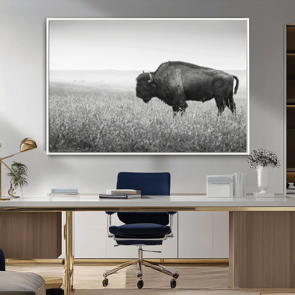 Bison Wall Art Canvas Print, Framed Rustic Wildlife Scene with Wild Buffalo