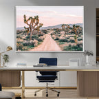 Joshua Tree Wall Art Canvas Print, Framed Desert Road Scene at Sunset