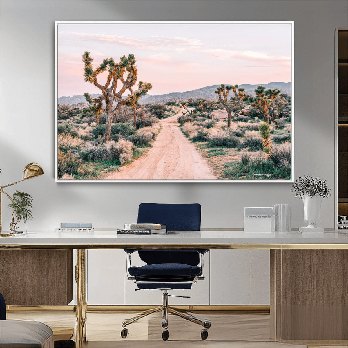 Joshua Tree Wall Art Canvas Print, Framed Desert Road Scene at Sunset