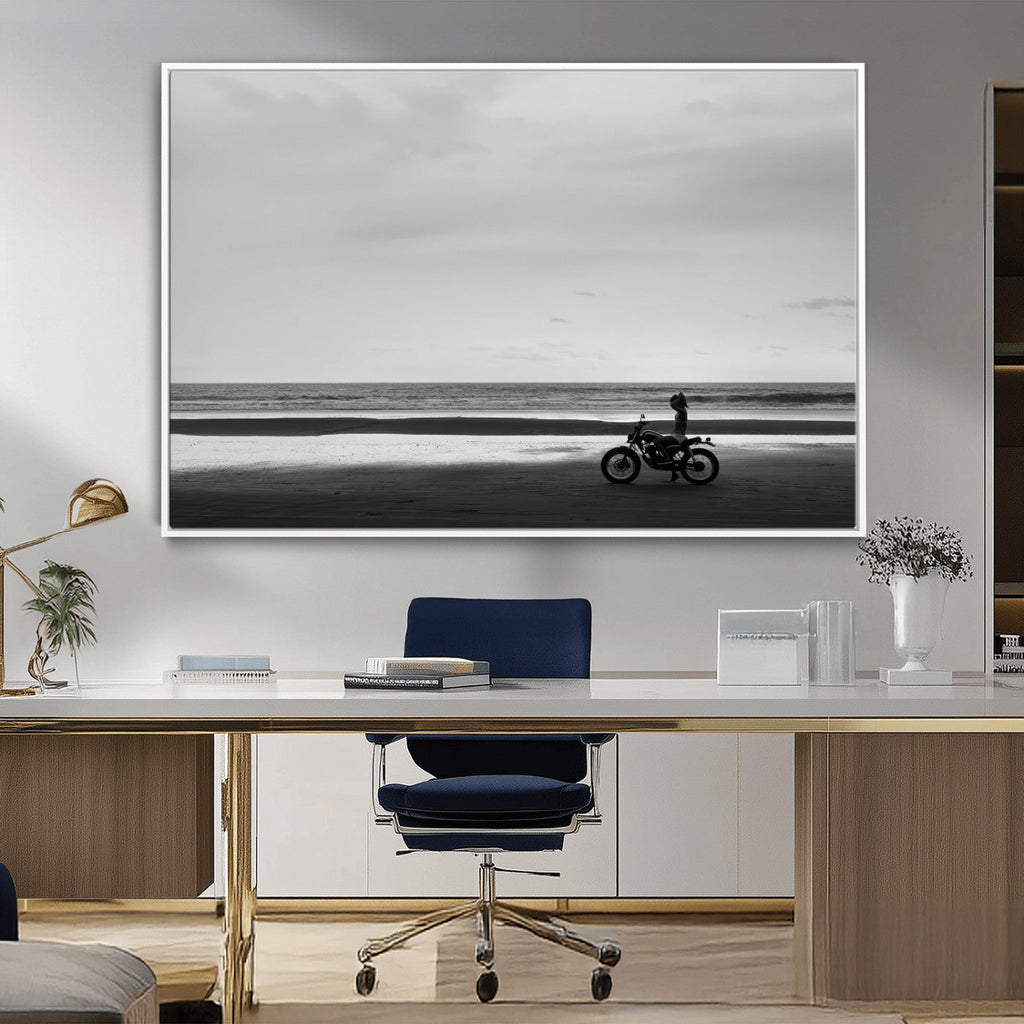 Motorcycle Beach Wall Art Canvas Print, Framed Vintage Biker Silhouette Artwork