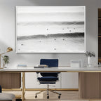 Black White Ocean Wall Art Canvas Print, Framed Coastal Sport and Ocean Swimmers Scene