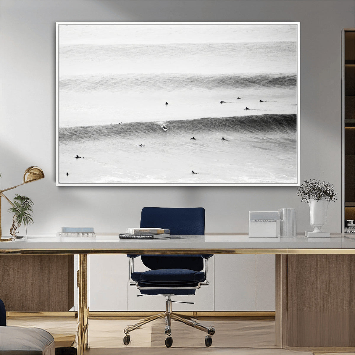 Black White Ocean Wall Art Canvas Print, Framed Coastal Sport and Ocean Swimmers Scene