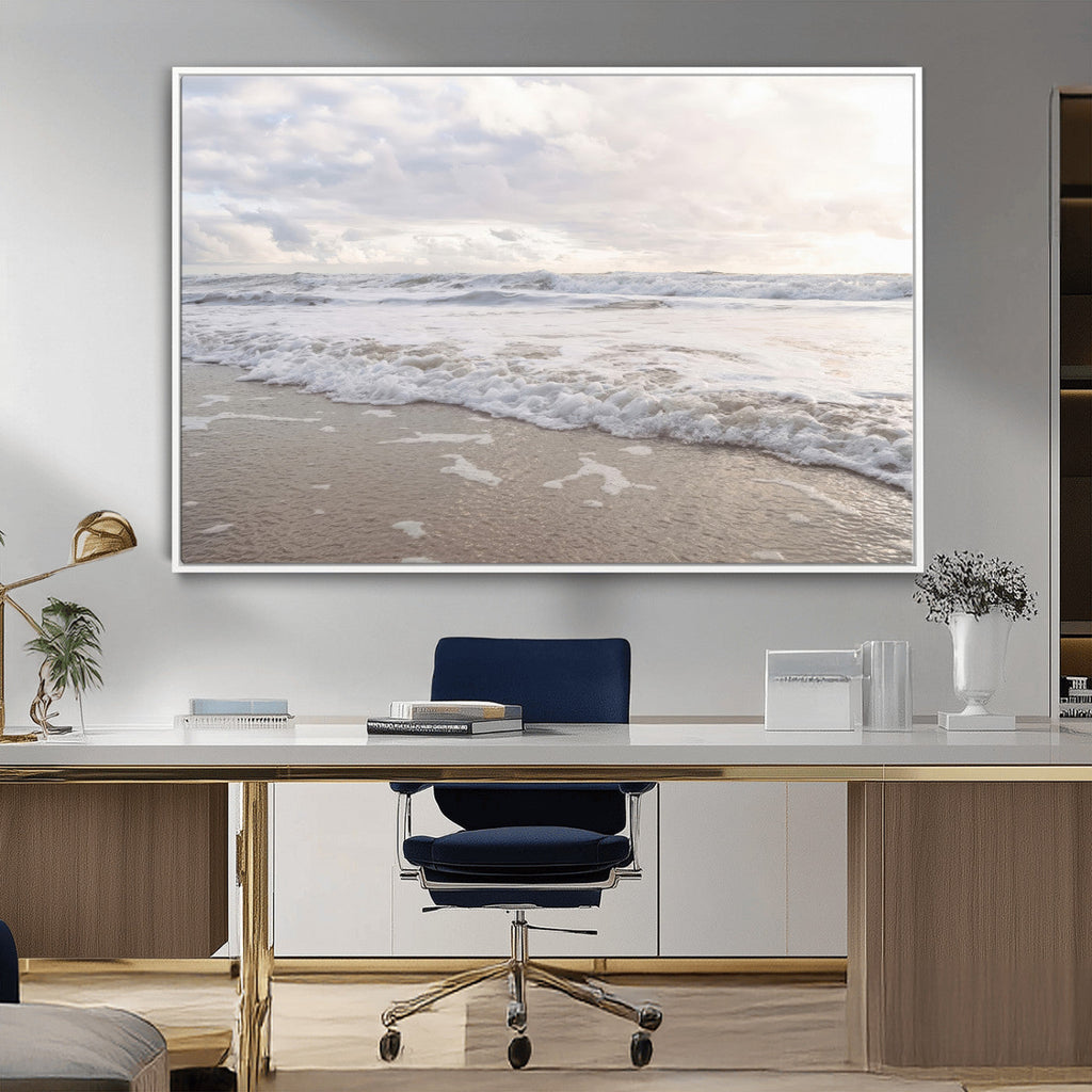 Ocean Waves Wall Art Canvas Print, Framed Coastal Shoreline Sea Foam Artwork