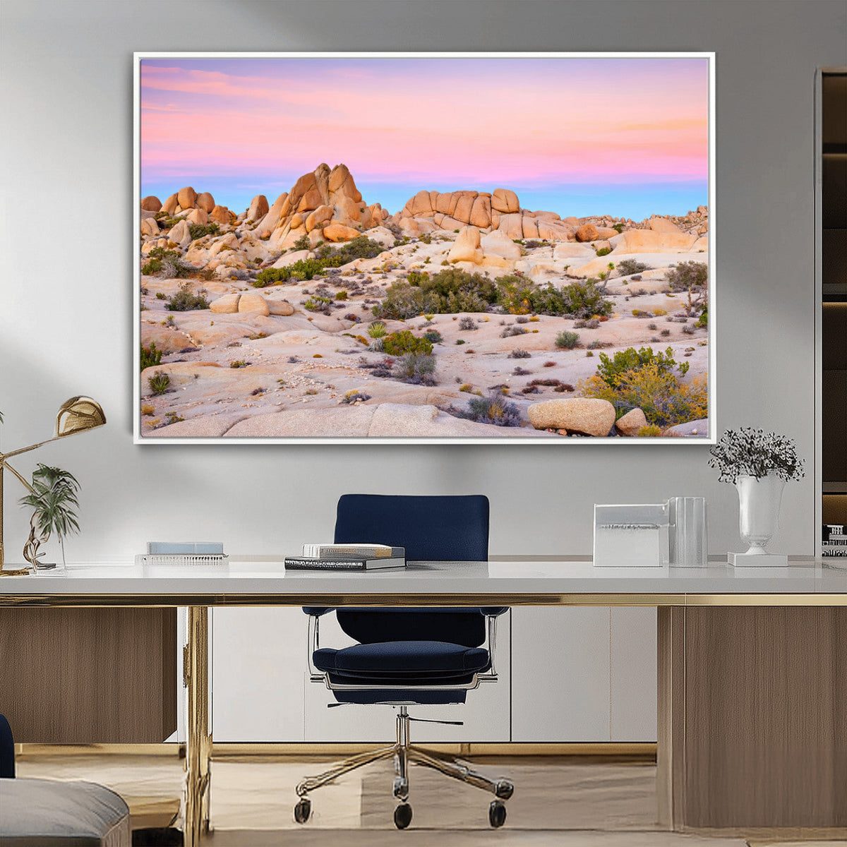 Vibrant Sunset Sky Wall Art Canvas Print, Framed Joshua Tree Desert Artwork
