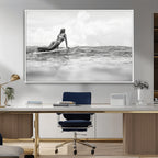 Black and White Surfing Wall Art Canvas Print, Framed Ocean Horizon Surfer Girl