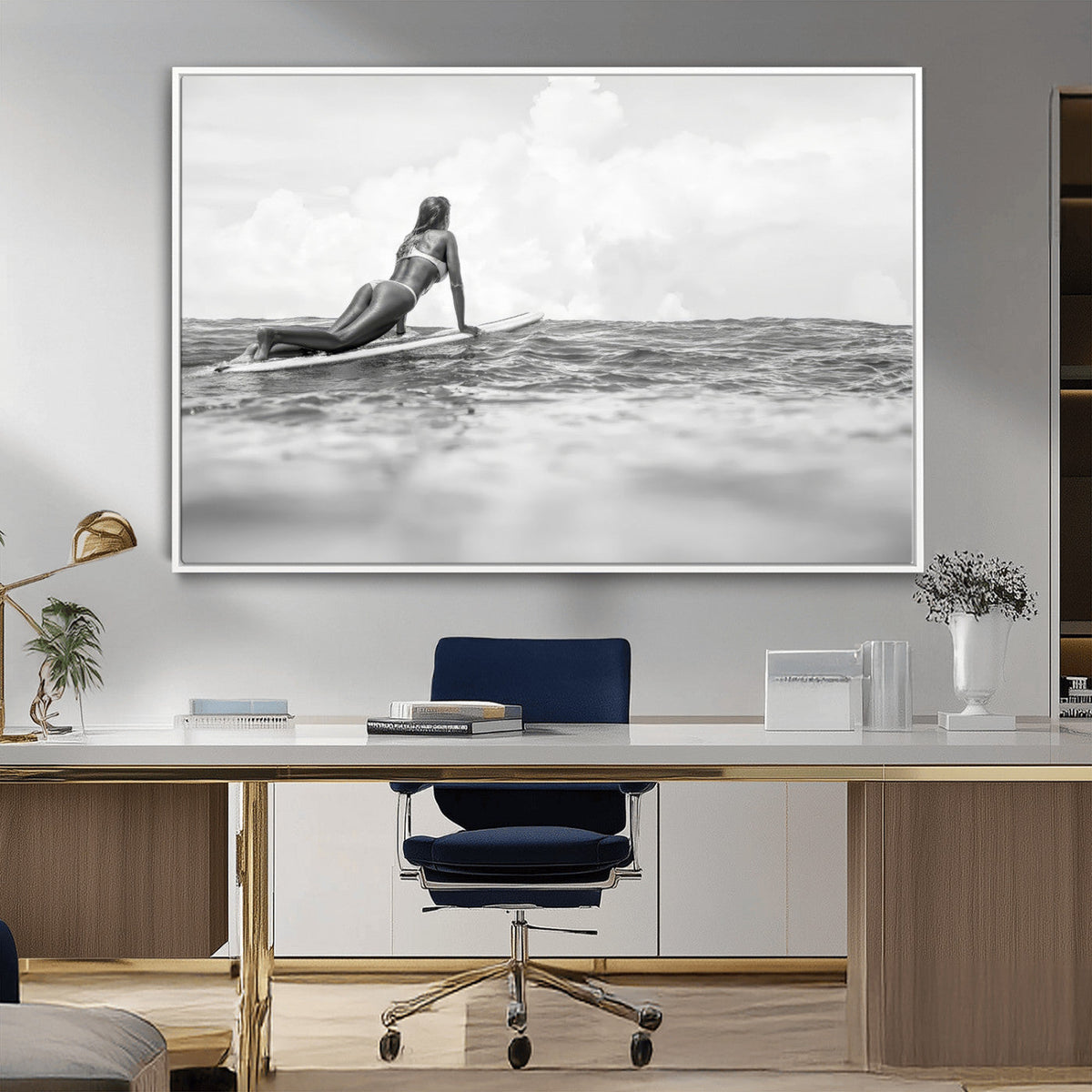 Black and White Surfing Wall Art Canvas Print, Framed Ocean Horizon Surfer Girl