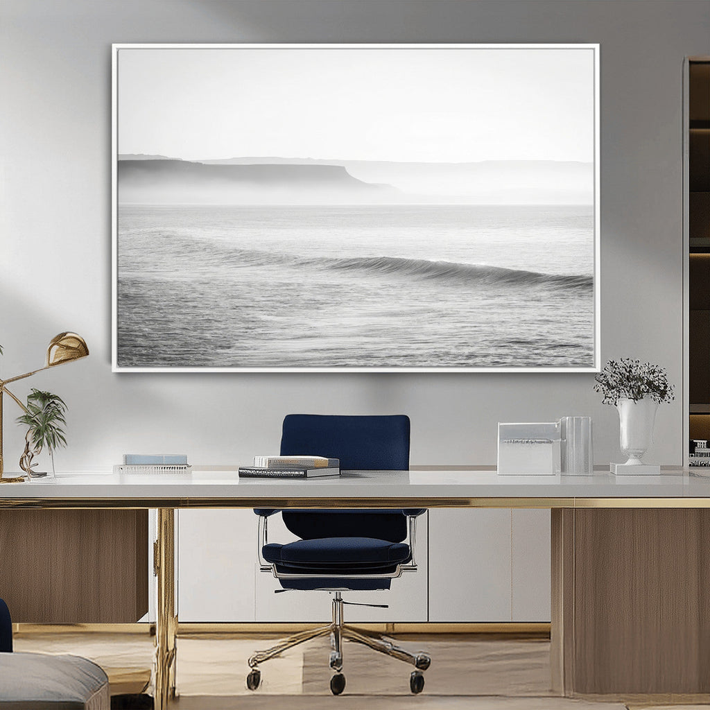 Black and White Seascape Wall Art Canvas Print, Framed Misty Ocean Waves
