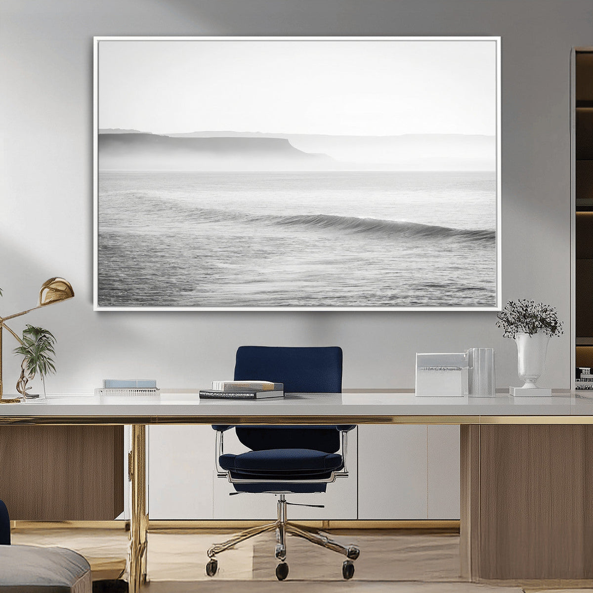 Black and White Seascape Wall Art Canvas Print, Framed Misty Ocean Waves