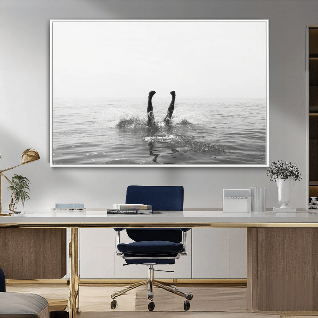 Black White Ocean Wall Art Canvas Print, Framed Monochrome Diving into Water Artwork
