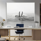 Black White Ocean Wall Art Canvas Print, Framed Monochrome Diving into Water Artwork