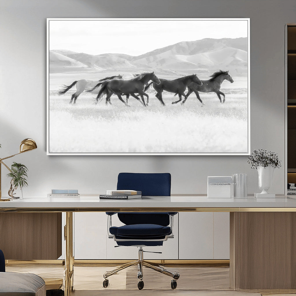 Wild Horses Running Wall Art Canvas Print, Framed Black White Mustangs Artwork