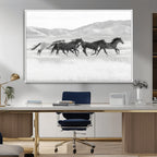 Wild Horses Running Wall Art Canvas Print, Framed Black White Mustangs Artwork