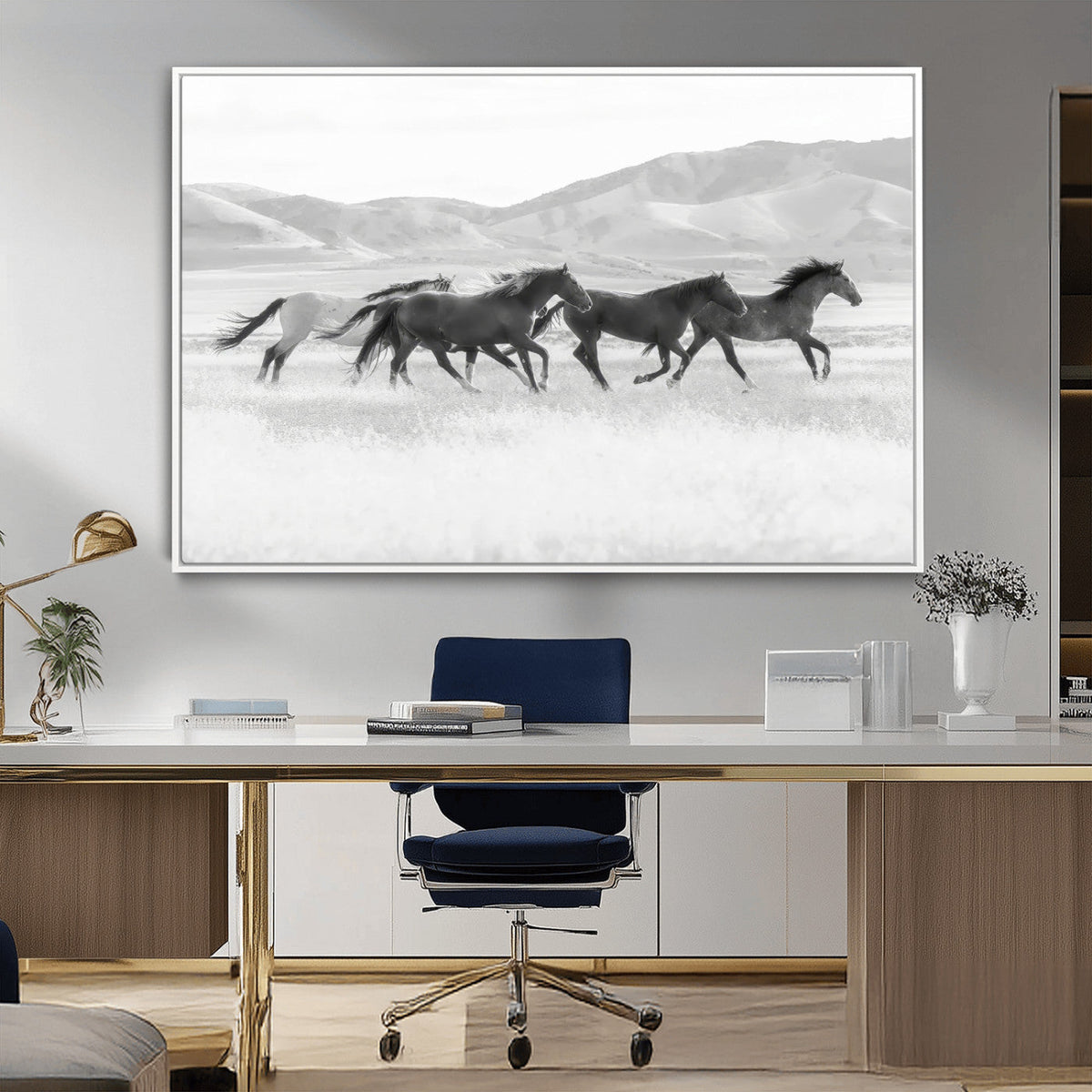 Wild Horses Running Wall Art Canvas Print, Framed Black White Mustangs Artwork