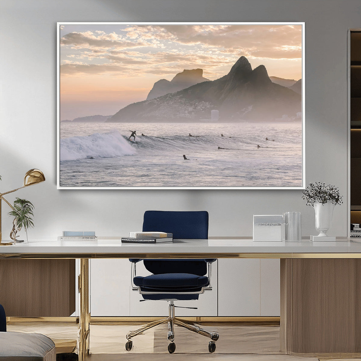 Sunset Surfing Wall Art Canvas Print, Framed Misty Mountains and Surfer Riding a Wave