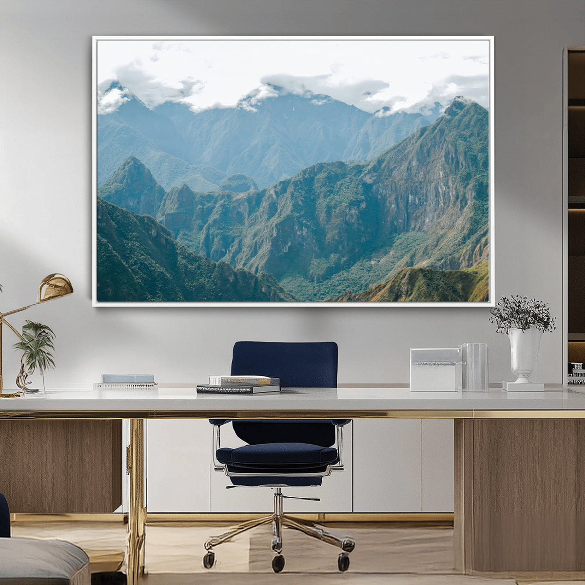 Misty Mountain Wall Art Canvas Print, Framed Cloudy Andean Art, Rugged Mountain Landscape