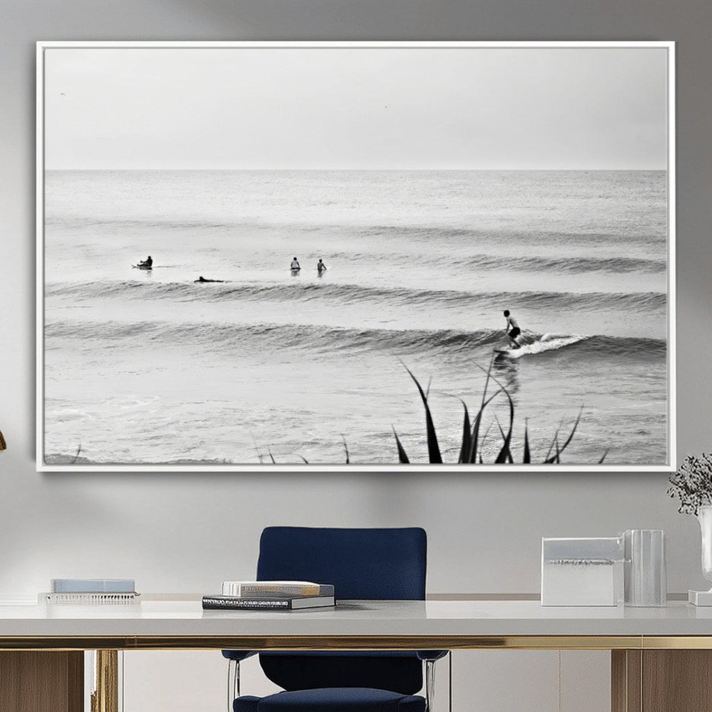Surfer Silhouette Wall Art Canvas Print, Framed Calm Ocean Monochrome Surf