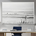 Surfer Silhouette Wall Art Canvas Print, Framed Calm Ocean Monochrome Surf