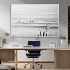 Surfer Silhouette Wall Art, Framed Calm Ocean Monochrome Surf Canvas Print