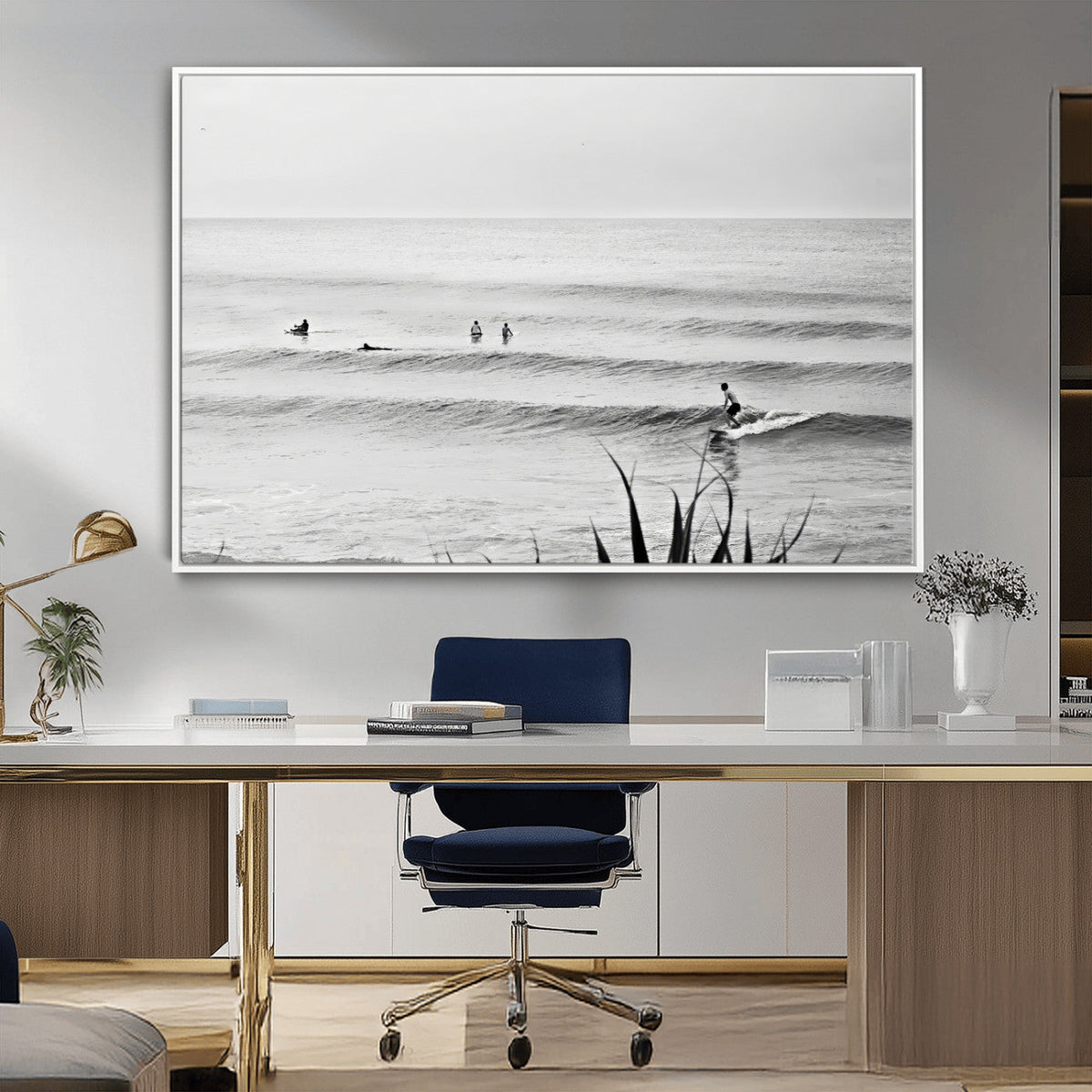 Surfer Silhouette Wall Art | Framed Calm Ocean Canvas