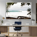 Tropical Surf Wall Art Canvas Print, Framed Palm Tree View Art, Boho Beach House Decor