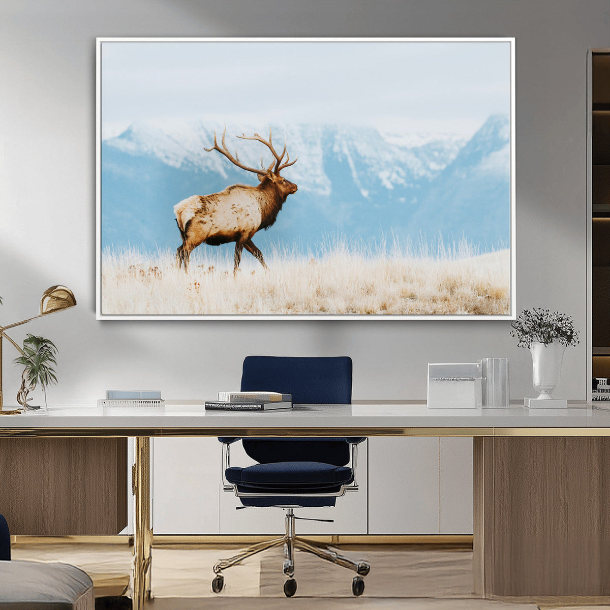Mountain Elk Wall Art Canvas Print, Framed Rustic Wildlife Art, Lodge Style Decor