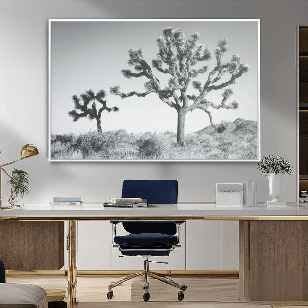 Joshua Tree Wall Art Canvas Print, Framed Black and White Desert Landscape Artwork