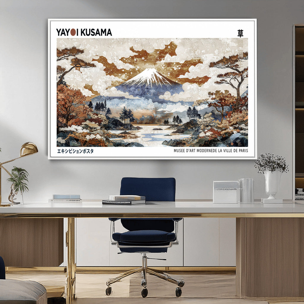 Modern Japanese Wall Art Canvas Print, Framed Abstract Mount Fuji Landscape, Yayoi Kusama Canvas Wall Art