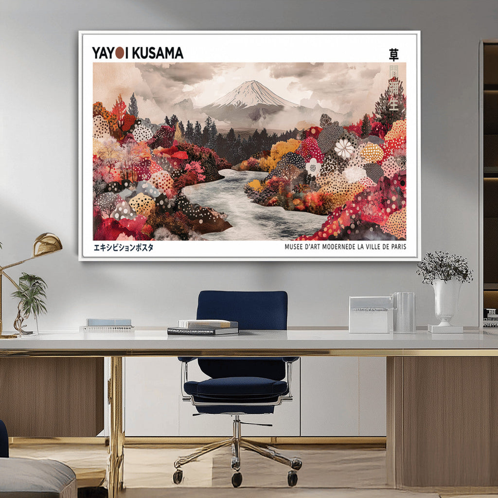 Modern Japanese Wall Art Canvas Print, Framed Abstract Mount Fuji Art, Yayoi Kusama Japanese Landscape
