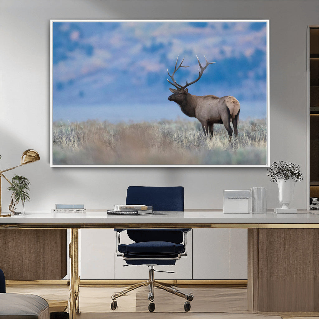 Elk Wall Decor Canvas Print, Framed Rustic Wildlife Art, Mountain Elk Landscape