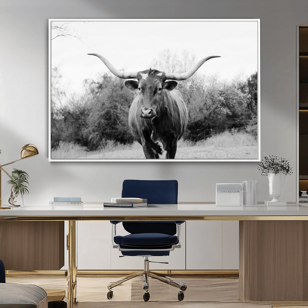 Longhorn Photography Wall Art Canvas Print, Framed Western Cow Texas Ranch Decor