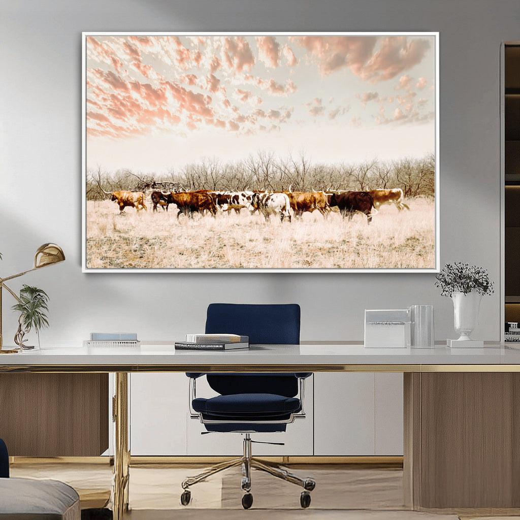 Country Cow Herd Wall Art Canvas Print, Framed Farmhouse Cattle Scene, Rustic Ranch Decor