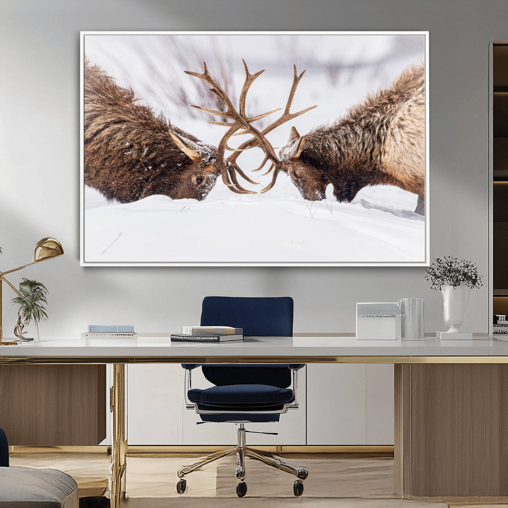 Elk Wall Art Canvas Print, Framed Wildlife Art, Snowy Forest Elk Rustic Lodge Decor
