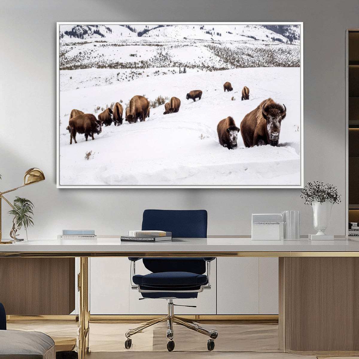 Bison Herd Wall Art Canvas Print, Framed Western Wildlife Decor, Snowy Mountain Valley