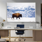 Bison Snow Wall Art Canvas Print, Framed Wildlife Scene, Western Ranch Style Decor