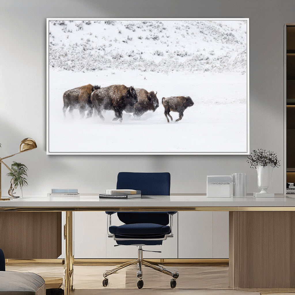 Bison Herd Wall Art Canvas Print, Framed Snowy Bison Scene, Winter Wildlife Decor