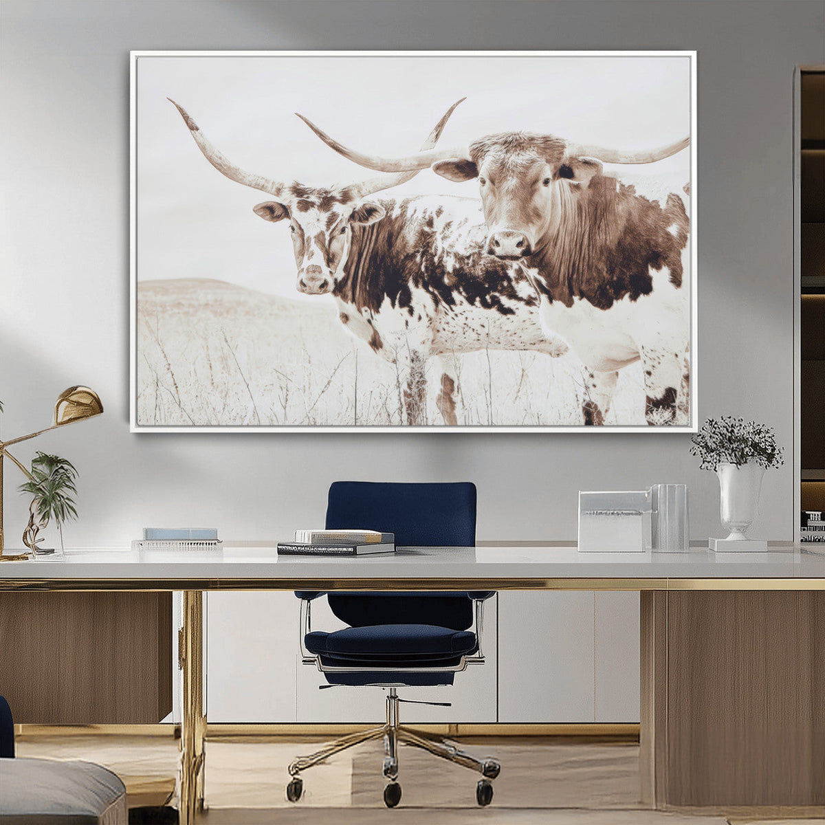 Longhorn Cow Wall Art Canvas Print, Framed Rustic Cattle Art, Sepia Western Decor