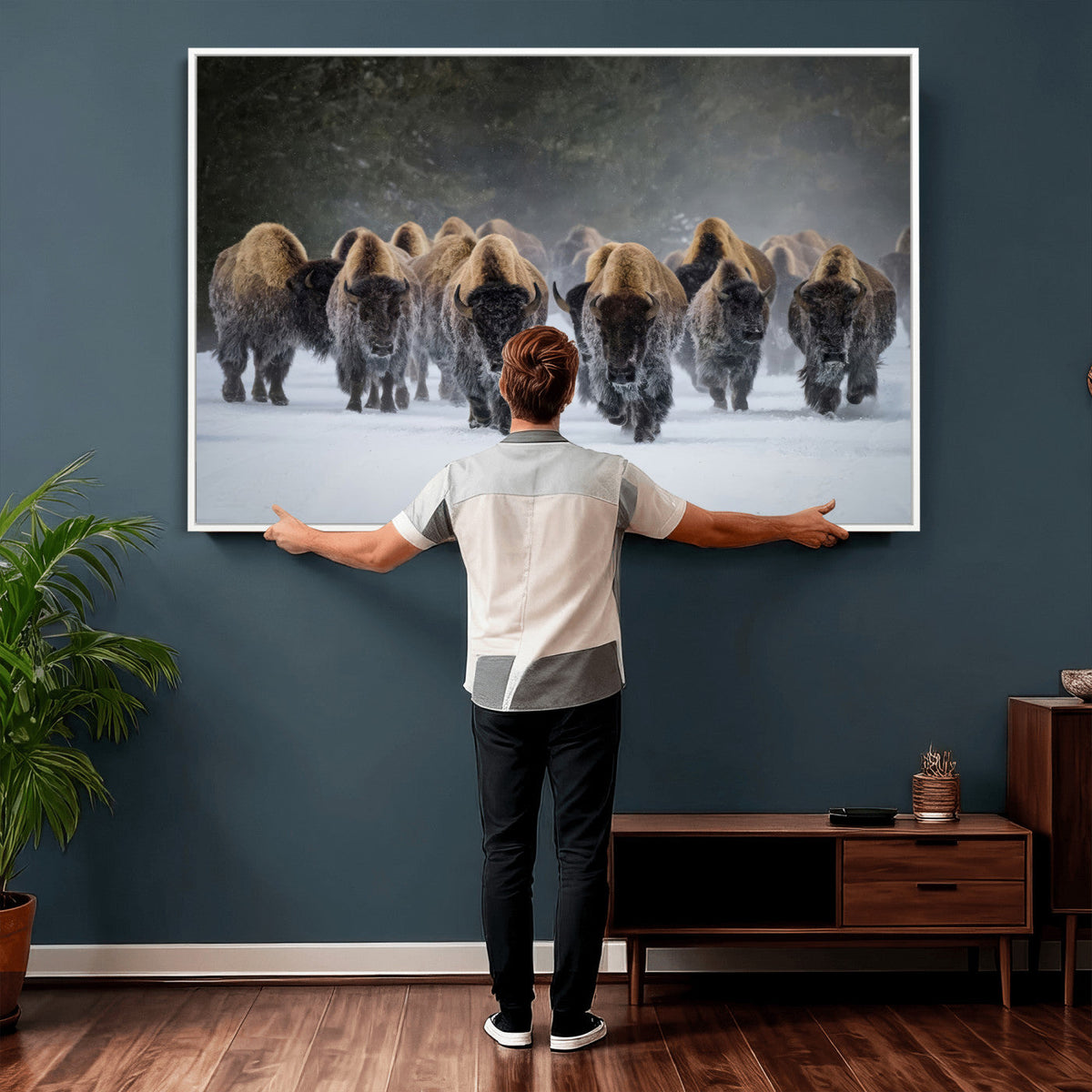 Bison Herd Wall Art Canvas Print, Framed Rustic Wildlife Decor, Snowy Bison Landscape