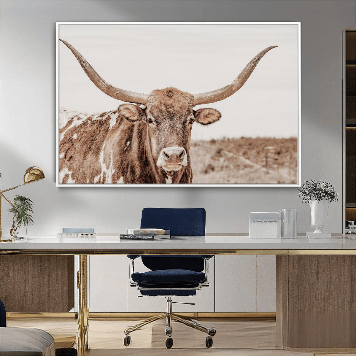 Longhorn Bull Wall Art Canvas Print, Framed Rustic Cow Decor, Neutral Farmhouse Style