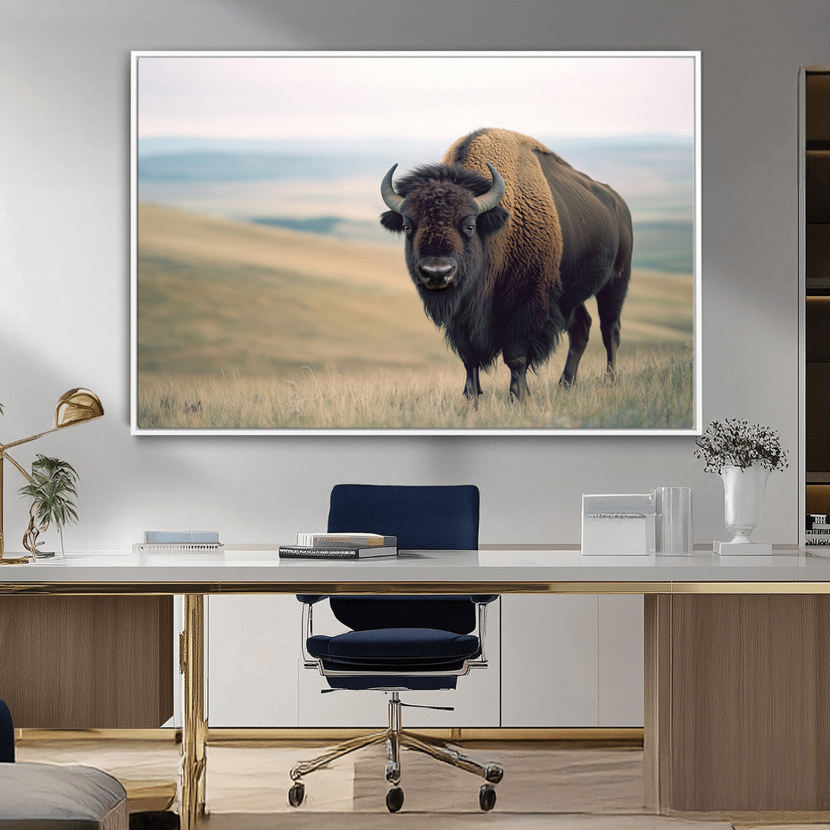 Bison Wall Art Canvas Print, Framed American Buffalo Rustic Western Artwork