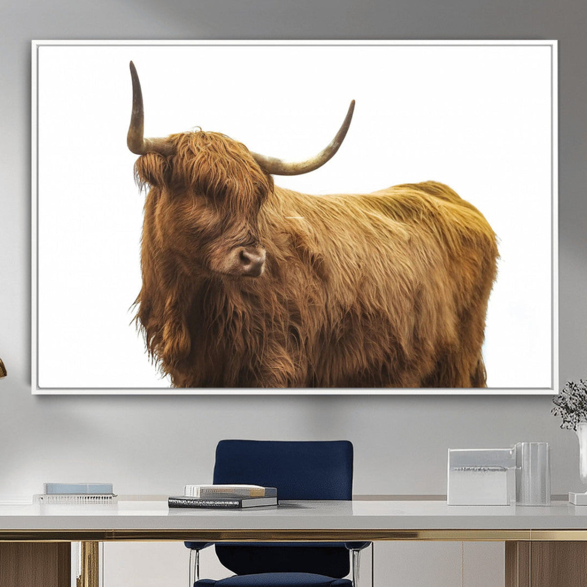 Highland Cow Wall Art Canvas Print, Framed Rustic Farmhouse Animal Portrait