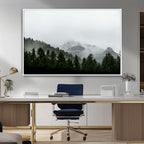 Misty Mountains Wall Art Canvas Print, Framed Foggy Forest Art, Snowy Peaks Landscape