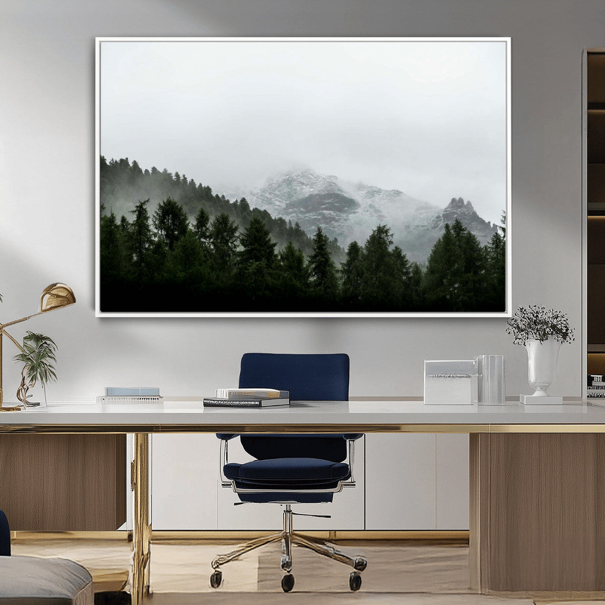 Misty Mountains Wall Art Canvas Print, Framed Foggy Forest Art, Snowy Peaks Landscape