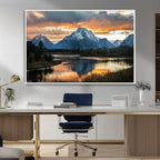 Mountain Sunset Wall Art Canvas Print, Framed Alpine Wilderness Art, Golden Hour Lake