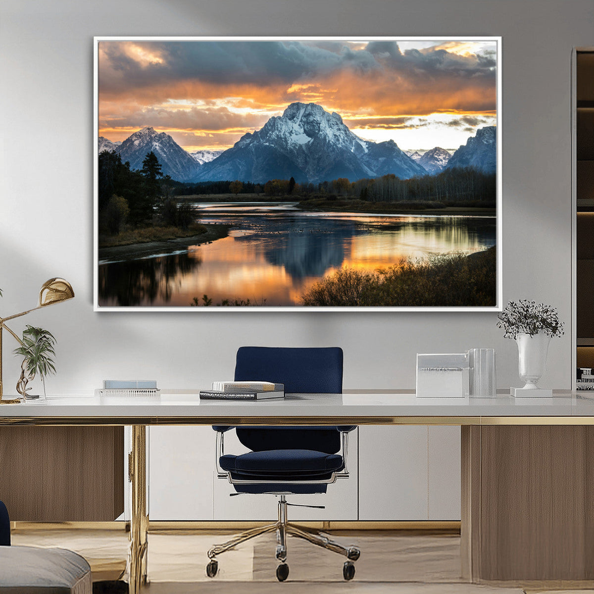 Mountain Sunset Wall Art Canvas Print, Framed Alpine Wilderness Art, Golden Hour Lake